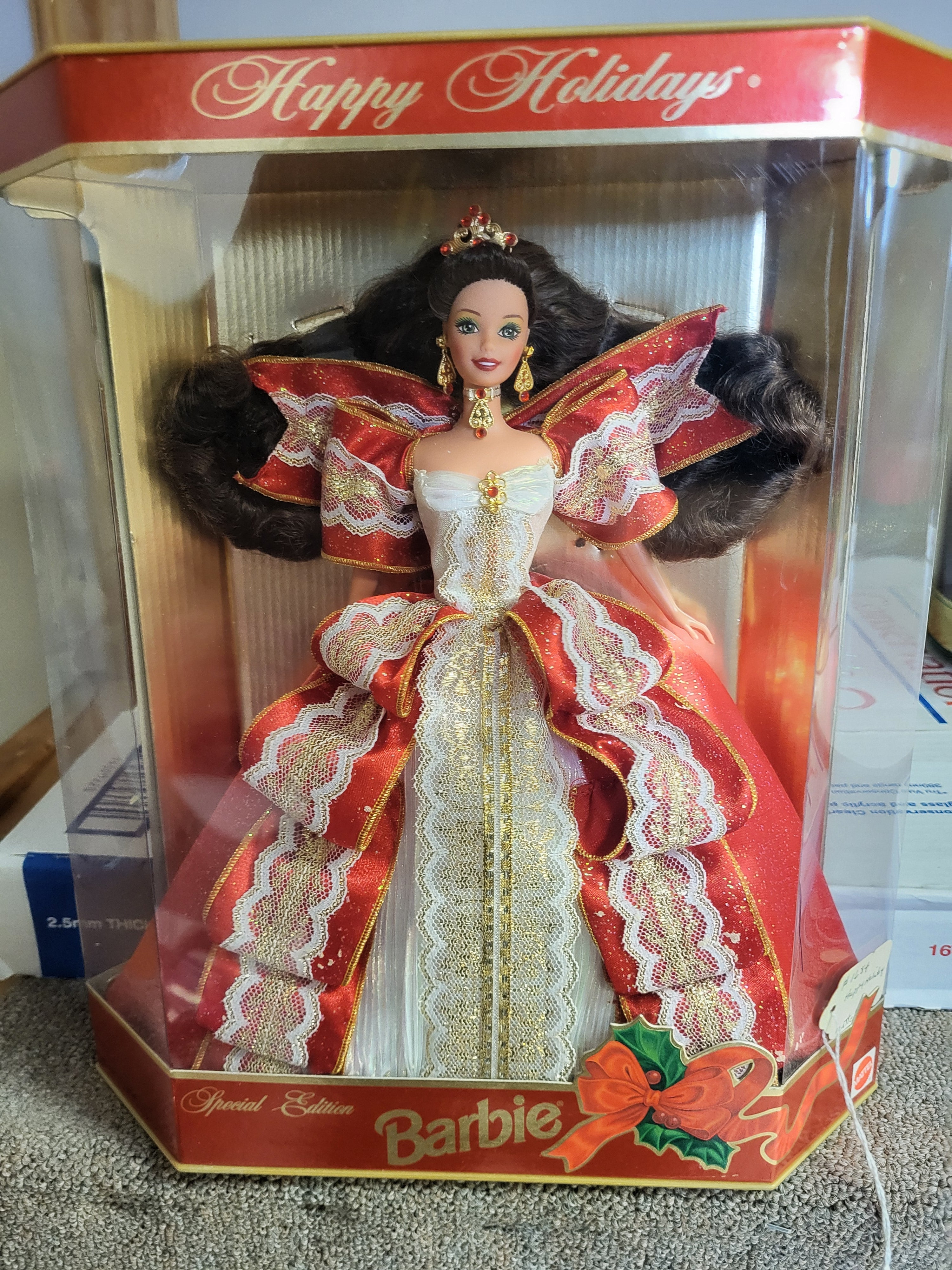 Happy Holidays Barbie – Brunette in Red & Gold Gown (1993)